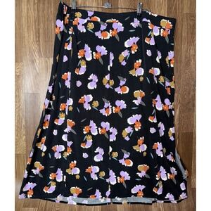 Ava & Viv Floral Midi Skirt Black Purple Orange Elastic Waist 1X Plus Size